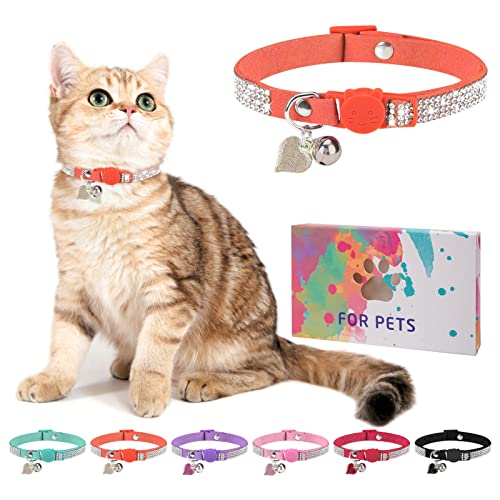 Rhinestone Cat Collar Breakaway with Bell, Diamond Cat Collar with Safety Buckle Quick Release for Girl Boy Small Kitten Pets Puppy,Cute Soft Female Male Cat Collars, Color Orange 8-12" - color: Orange (1 Pack), size: 8"-12" Cats / Mini Dogs