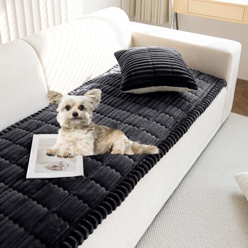 Faux Fur Plush Dog Couch Cover 3D Stripe Fuzzy Sofa Cover Non-Slip Fluffy Dog Bed Cover Pet Blanket Sofa Couch Furniture Protector for Puppy Large Dog Cat (Black,24"x24") - color: Black, size: 24"x24"