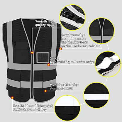 HYCOPROT High Visibility Mesh Safety Reflective Vest with Pockets and Zipper, Meets ANSI/ISEA Standards - color: Black, size: 4X-Large