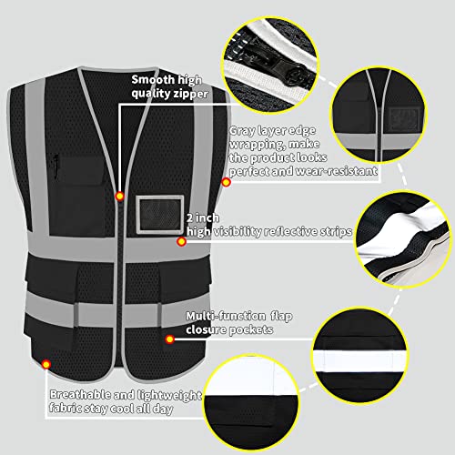 HYCOPROT High Visibility Mesh Safety Reflective Vest with Pockets and Zipper, Meets ANSI/ISEA Standards - color: Black, size: XX-Large