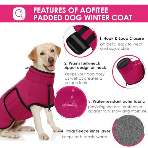 AOFITEE Dog Winter Coat, Waterproof Dog Jacket, Dog Coat with Harness Hole, Warm Fleece Dog Puffer Jacket, Reflective Windproof Dog Snowsuit for Small Medium Large Dogs, Dachshund, French Bulldog, M - color: HotPink, size: Medium