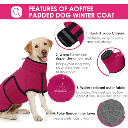AOFITEE Dog Winter Coat, Waterproof Dog Jacket, Dog Coat with Harness Hole, Warm Fleece Dog Puffer Jacket, Reflective Windproof Dog Snowsuit for Small Medium Large Dogs, Dachshund, French Bulldog, M - color: HotPink, size: Medium