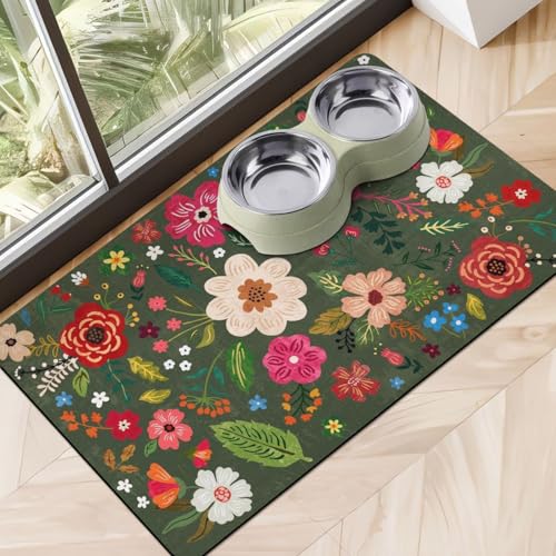 Dog Food Mats for Floors, Absorbent Dog Bowl Mat for Food and Water Dispenser, Quick Dry Cat Food Mat Pet Supplies - color: Floral Dark Green, size: S(12"×20")