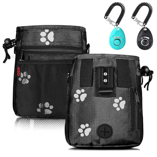 Dog Treat Pouch - 3 Ways to Wear Treat Pouches for Pet Training and 2 Pieces Clicker Taining for Dogs, Dog Training Treat Pouch Bag and Dog Clicker for Training with Waist Belt Shoulder Strap - Paws - color: Pas Pattern
