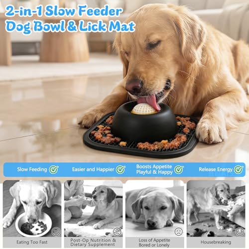 Slow Feeder Dog Bowls & Lick Mat for Liquid and Thick Treat, Anti-Slip Dog Lick Bowl with Interactive Rolling Ball, 5/6 Cup Pup Licking Toy for Large Medium Small Dogs and Cats Black - color: Black