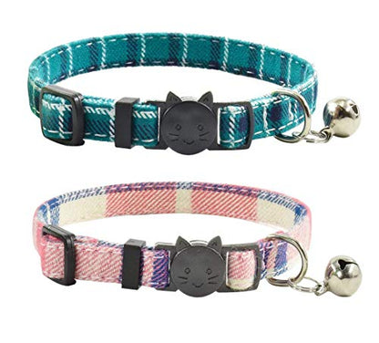 Cat Collar Breakaway with Bell, Cute Plaid Patterns Design Adjustable Kitty Safety Collars 2 Pack Pet Collar for Cats(7-11inches, Teal+Pink) - color: Teal+Pink