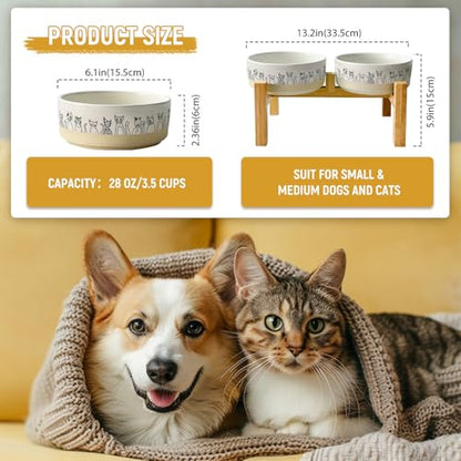 Elevated Ceramic Cat Bowls with Wooden Stand，6.1inch Raised Cat Bowls with Cute Pattern for Small and Medium Breed Dogs,2 Pack Cats Food and Water Bowl Set,Weighted Pet Dishes Dishwasher Safe - size: 2 pack bowl with stand