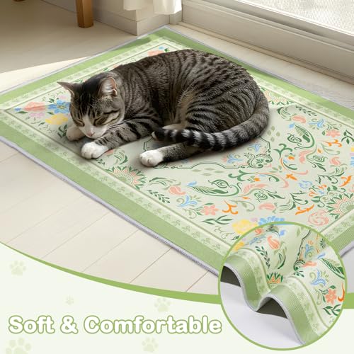 Washable Cat Litter Mat 48"x36" 2Pack with Non-Slip Bottom Waterproof Litter Box Mat Easy to Clean Litter Trapping Mat for Kitty - color: Bean Green Flower, size: 48"x36"-2 Pack