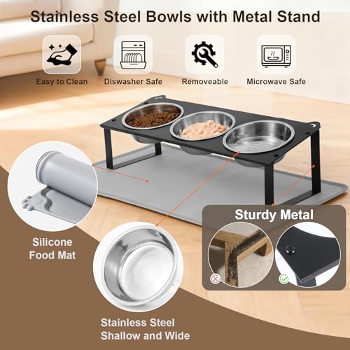 Elevated Cat Bowls with Food Mat, 10°Tilted Non-Slip Raised Cat Food Water Bowls Set, 3 Thick Stainless Steel Pets Dishes with Cute Metal Feeding Stand for Indoor Kitten Puppy, Anti-Vomiting - color: Black-3Bowls