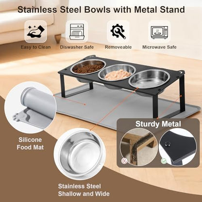 Elevated Cat Bowls with Food Mat, 10°Tilted Non-Slip Raised Cat Food Water Bowls Set, 3 Thick Stainless Steel Pets Dishes with Cute Metal Feeding Stand for Indoor Kitten Puppy, Anti-Vomiting - color: Black-3Bowls
