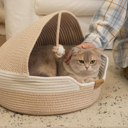 Cat Basket Bed with Washable Cushion and Ball Rope Cotton, Covered Pet Bed for Indoor Cats Cave Bed Hooded, Stimulicat Cat Bed Handwoven Breathable, All Season Universal(White) - color: White