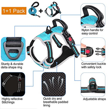 tobeDRI No Pull Dog Harness Adjustable Reflective Oxford Easy Control Medium Large Dog Harness with A Free Heavy Duty 5ft Dog Leash - color: Blue/Grey Harness+Leash, size: Medium
