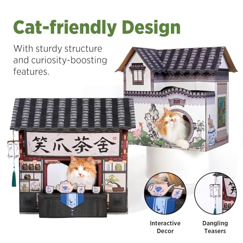 SMILE PAWS Cat Beds for Indoor Cats, Cardboard House with Scratchers, Tea House, Large Sturdy Cat Furniture Condo Cave Tent, Easy to Assemble Pet Toys Accessories Stuffs, Bunny Small Animals - style: Tea House