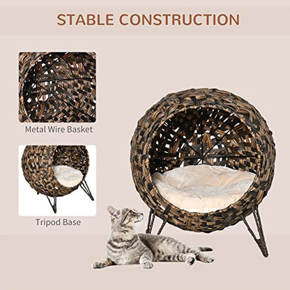 PawHut 20.5" Weaved Cat Bed, Elevated Hand-Woven Braided Banana Leaf Kitten House Condo with Cushion, Brown - color: Brown