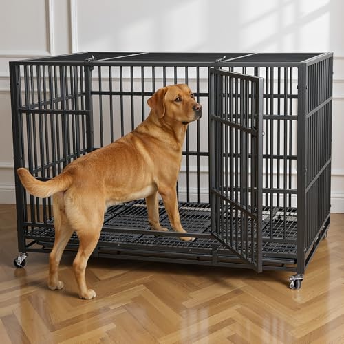 VOWNER 48 inch Heavy Duty Indestructible Dog Crate, Escape-Proof Dog Crate Cage Kennel with 4 Lockable Wheels, High Anxiety Dog Crate with Double Door and Removable Tray Design, for Large Dogs - size: 47.2"L x 29.5"W x 33.9"H