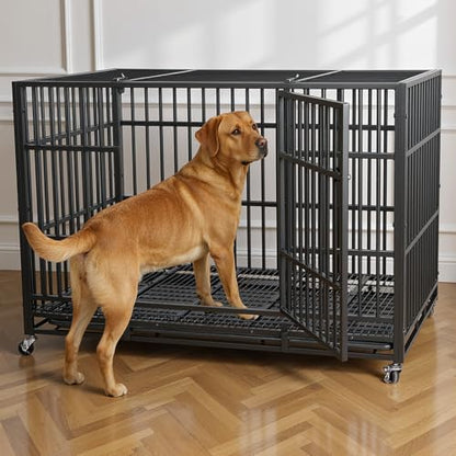 VOWNER 48 inch Heavy Duty Indestructible Dog Crate, Escape-Proof Dog Crate Cage Kennel with 4 Lockable Wheels, High Anxiety Dog Crate with Double Door and Removable Tray Design, for Large Dogs - size: 47.2"L x 29.5"W x 33.9"H