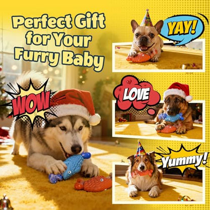Kseroo Tough Dog Toys for Aggressive Chewers: 2 Pack Indestructible Dog Toys to Keep Them Busy, Tough Chew Toys for Large Dogs, Nylon & Rubber Dog Chew Bones, Squeaky Dog Toy for Large Breed - color: Blue&Red Fish