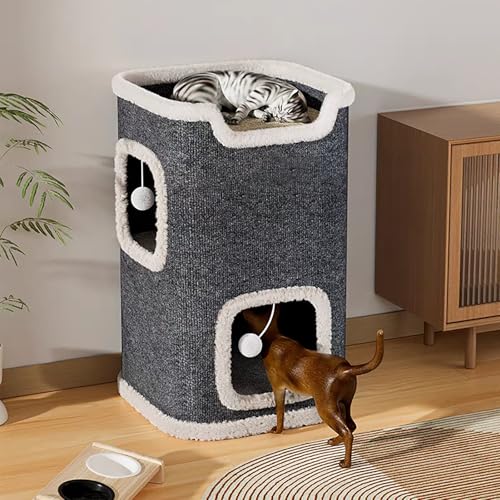 Cat Villa Cat House,Cat House Soft and Durable Multi-Level Cat Villa Cozy Sisal Cat Tower with Scratching Post,Warm Condo Nest for Sleep,Rest Play Ideal for All Seasons (Gray, Middle)