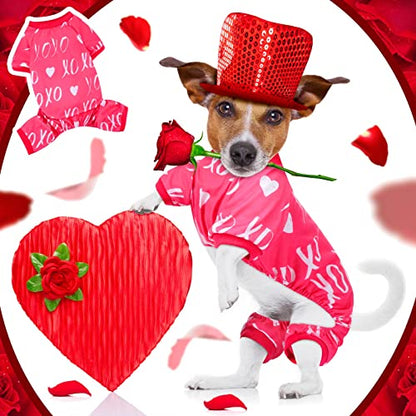 6 Pack Valentines Dog Pajamas Bulk Red Pink Heart Pattern Dog Valentines Holiday Outfit Clothes Jumpsuit Costumes for Boys Girls Puppy Cat Party Cosplay(Large) - size: L