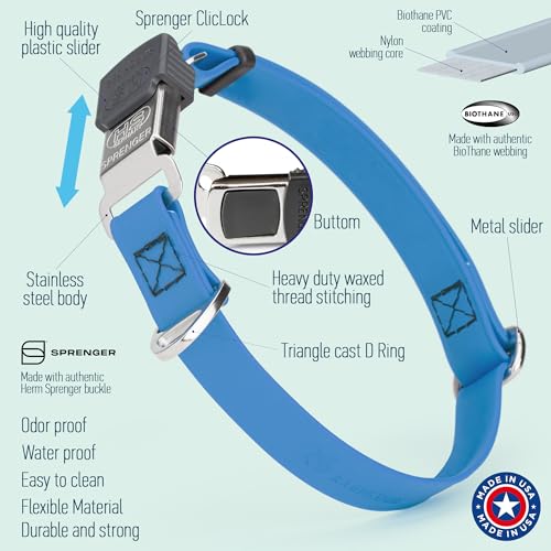 Biothane Waterproof Durable Dog Collar with Herm Sprenger - Quick Release ClicLock Buckle - Fits Medium and Large Dogs - Made in USA (Cerulean Blue, W 3/4" x L 12"-19") - color: Cerulean Blue, size: W 3/4" x L 12"-19"