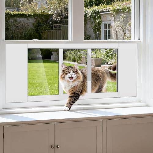 DoCred Cat Door for Window, Full-Size Window Pet Doors Fits 23"-34" Width Windows, Aluminum Frame Windows Cat Door Insert, Quick Install Pet Doors for Cats & Small Dogs,12.2" Height,White - color: White, size: Width adjustable 23"-34" Height:12.2"