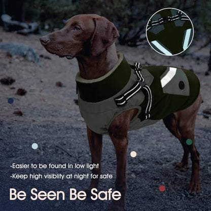 IECOii Dog Coat with Harness Built in - Green, Large - Waterproof Winter Coat, Fleece Lined Snow Jacket for Dogs - color: Army Green, size: Large(Chest:24.4 in)