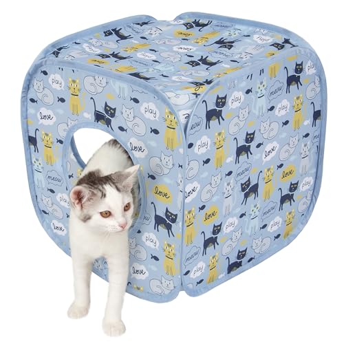 Kitty City Cat Print Pop-Up Play Cube, Collapsible Indoor Hideout with Peekaboo Openings, Lightweight Foldable Cube for Play & Lounging, Blue - color: H) Cat Print Cube House (Blue)
