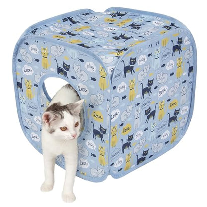 Kitty City Cat Print Pop-Up Play Cube, Collapsible Indoor Hideout with Peekaboo Openings, Lightweight Foldable Cube for Play & Lounging, Blue - color: H) Cat Print Cube House (Blue)