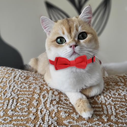 2pcs Red Cat Bowtie Collar, Cat Collar with Bells, Cats Bow Tie, Small Pet Safety Wedding Valentine's Day Basic Pure Color Suede Soft Adjustable 7-13 Inches