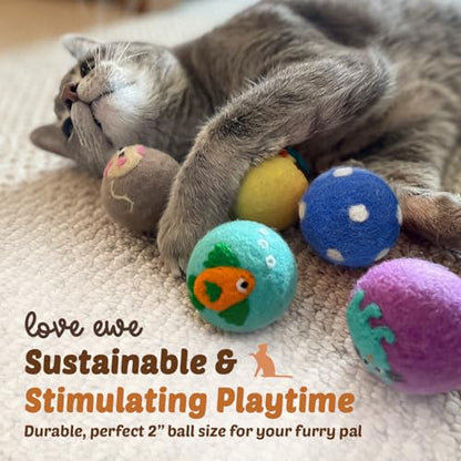 Hustle & Blush Love Ewe Felted Cat Toys 3 Pack- 5 Inch Mouse w/Bell & 2 Inch Ball Hand Made Cute & Fun Design Kitten Wool Felt Balls for Indoor Play & Exercise-100% New Zealand Handmade Felted Balls - color: Mouse & ball