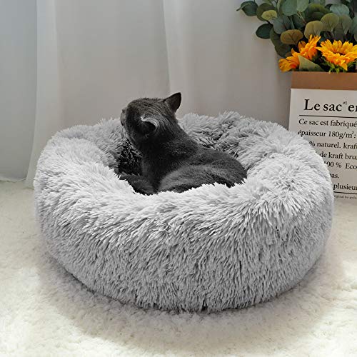otoez Kitten Puppy Bed Extra Small XS Round Dog Cat Beds Anti Anxiety Plush Pet Calming Donut Bed with Non-Slip Waterproof Bottom, Washable (15.7", Light Grey) - color: Light Grey, size: 15.7"