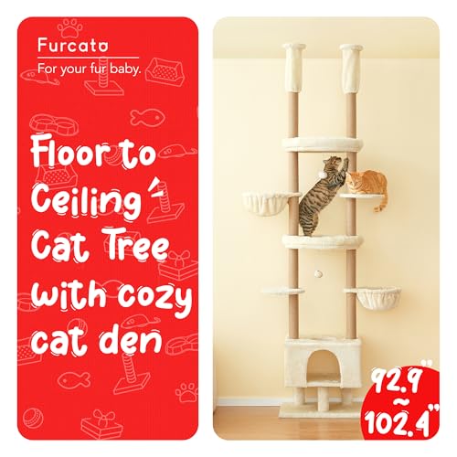 Cat Tree, Floor to Ceiling Cat Tower Adjustable Height [92.9-102.4 in=235-258cm], 7 Tiers Cat Climbing Play House with Fully Sisal Scratching Post, Cozy Condo & Hammocks for Indoor Cats, Beige - color: Beige2.0