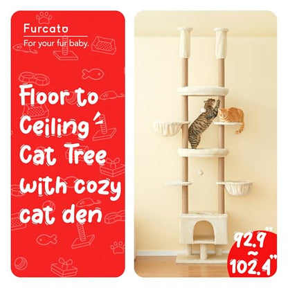Cat Tree, Floor to Ceiling Cat Tower Adjustable Height [92.9-102.4 in=235-258cm], 7 Tiers Cat Climbing Play House with Fully Sisal Scratching Post, Cozy Condo & Hammocks for Indoor Cats, Beige - color: Beige2.0