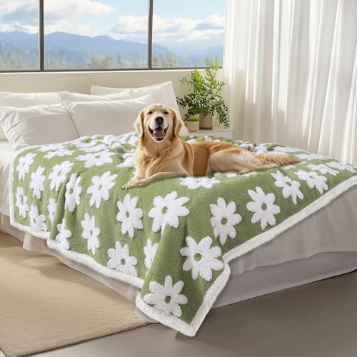 Luciphia Waterproof Pet Blanket for Medium Large Dogs Washable Fluffy Thick Jacquard Shag Fleece Warm Sherpa 3D Textured Flower Print for Cats Puppy Couch Protection (Green,85x57 inches) - color: Green, size: 85x57 inches
