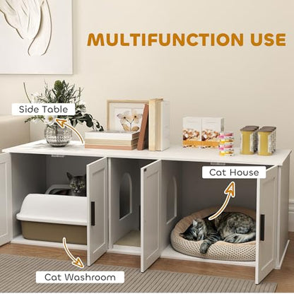 PawHut Cat Litter Box Enclosure for 2 Cats, Hidden Litter Box Furniture with Double Room, Scratching Mat, Kitty Washroom Furniture, 57" x 19" x 20", White