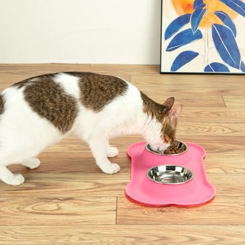Conlun Dog Bowls with Silicone Feeding Mat,No Spill Food Water Dish Set,Dishwasher Safe,2 Stainless Steel Puppy Bowls with Dogs Bandanas,Suitable for Tiny Pets Under 8lbs,Extra Small,Pink - color: Pink, size: Extra Small-5 oz