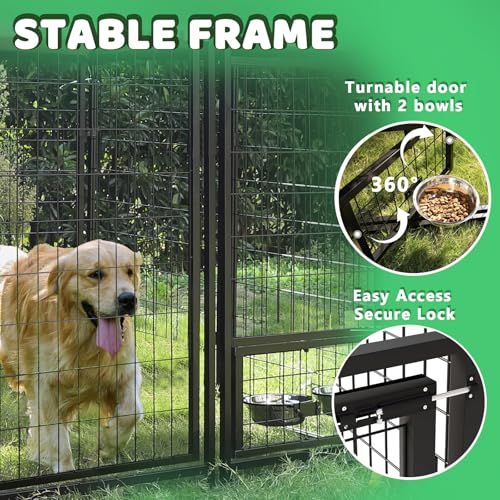 LEMBERI Large Outdoor Dog Kennel 8x4x6 FT, Escape-Proof Dog Run with Double-Latch Gate, Heat-Reflective Sunshade Cover & 2 Stainless Steel Bowls, Heavy Duty Galvanized Steel Dog Cage Enclosure - size: 93.8"L x 50.3"W x 68.8"H