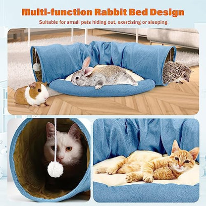 BWOGUE Bunny Tunnel Bed, 2-in-1 Collapsible Tunnel Tubes Toys with Removable Mat Hideout for Cats Kittens Rabbits Guinea Pigs Kitty - color: Blue