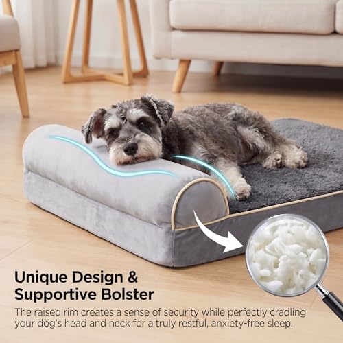 Orthopedic Dog Bed for Medium to Large Dogs 40 x 24Inch, Egg-Crate Memory Foam Pet Bed with Pillow, Comfortable Dog Couch with Removable Washable Arctic Velvet Cover, Waterproof Non-Slip Bottom Gray - size: 39.4" L x 23.7" W x 7.5" H--One side