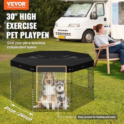 VEVOR Dog Playpen, 8 Pcs 30"H x 24"W Panels Foldable Metal Pet Exercise Pen, Dog Fence Indoor and Outdoor Pen with Door, 600D Oxford Fabric Top Cover, Pet Playpen for Dogs, Cats, Other Small Animals - size: 8 panels 30*24in, style: Playpen + Top Cover
