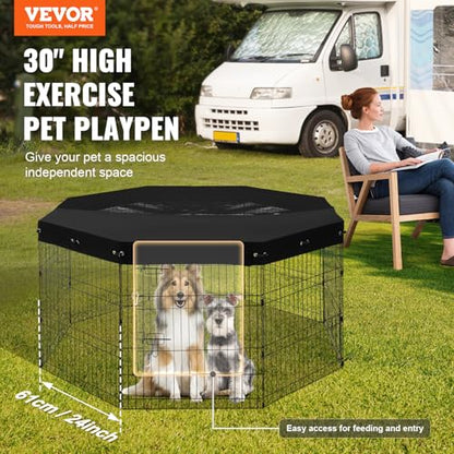 VEVOR Dog Playpen, 8 Pcs 30"H x 24"W Panels Foldable Metal Pet Exercise Pen, Dog Fence Indoor and Outdoor Pen with Door, 600D Oxford Fabric Top Cover, Pet Playpen for Dogs, Cats, Other Small Animals - size: 8 panels 30*24in, style: Playpen + Top Cover
