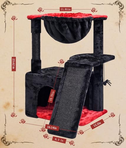 SYANDLVY Gothic Cat Tree for Indoor Cats Large Adult, Modern Activity Tower with Scratching Posts & Board, Condo with Plush Perch, Cradle & Hanging Ball & Spider for Play, Black - color: Black