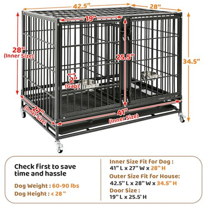 Homey Pet Stackable 43 inch Dog Crate Cage Kennel Indoor with Divider, 2X Steel Bowls, 4X Lockable Wheels, Tray, Heavy Duty Wire Dog Crates for Large/Medium/Small Dogs (Tall Model) - size: 42.5"L - Tall