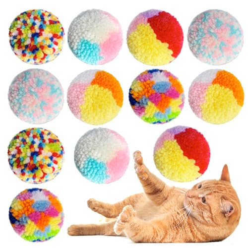 Assorted Color Cat Ball Toys, Woolen Yarn Puffs Pom Balls Interactive Kitten Chasing Toys Cat Chase Balls (12Pcs) - color: 12Pcs