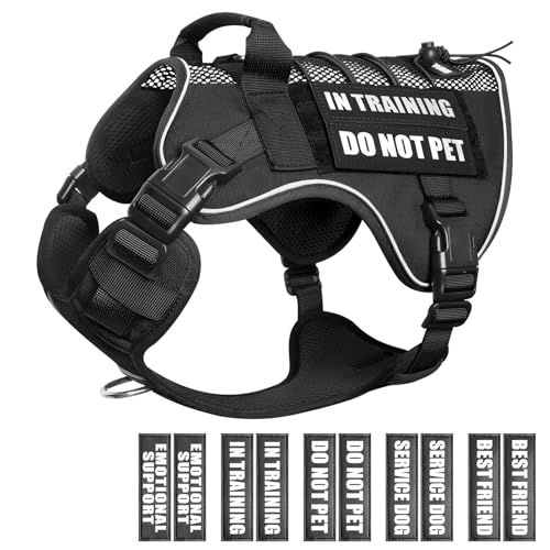 WINSEE Service Dog in Training Mesh Harness with 10 Pet Patches, Soft Air Mesh Breathable Tactical Dog Molle Vest, Reflective Military Pet Vest for Walking Hiking for Large Dogs - color: Black, size: Large