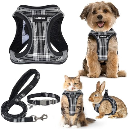 Small Dog Harness Collar and Leash Set, Step in No Chock No Pull Soft Mesh Adjustable Dog Vest Harnesses Plaid Reflective for Dogs Puppy Cats Kitten Rabbit (Black, XXXS) - color: Black, size: XXXS