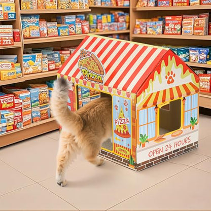 Tlence 2 Pack Cardboard Cat Houses with Scratcher, 16.5''x12.25''x15'' Cat Hideaway Playhouse, Kitty Scratching Beds for Indoor Cats, Pizza Shop Cat Furniture Condo Cave Tent for Bunny Small Animals