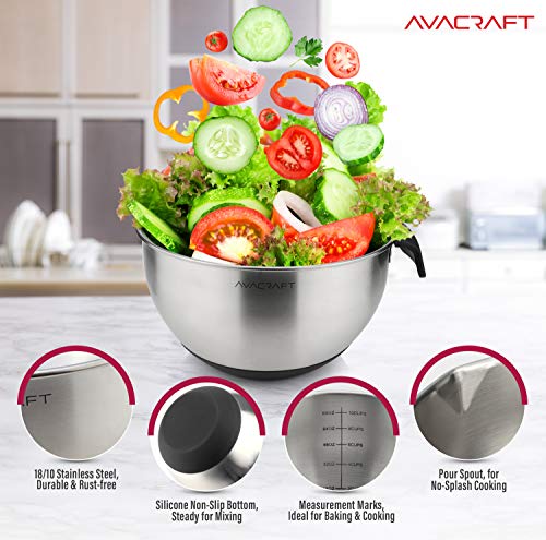 AVACRAFT 18/10 Stainless Steel Mixing Bowls with Lids, non slip silicone base bowls with Handle, Mixing Bowl Set with Pour Spouts & Measurement Marks, Home Essentials Cooking Bowls, (Black) - color: Black