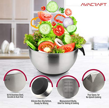 AVACRAFT 18/10 Stainless Steel Mixing Bowls with Lids, non slip silicone base bowls with Handle, Mixing Bowl Set with Pour Spouts & Measurement Marks, Home Essentials Cooking Bowls, (Black) - color: Black