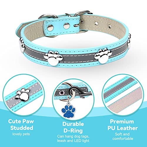PETCARE Reflective Dog Collar with Cute Paw Rivet Studded Funny Soft PU Leather Adjustable Puppy Dog Collars for Small Medium Large Dogs Cats (Blue,Large) - color: Blue, size: L( Neck 11.81"-14.17")